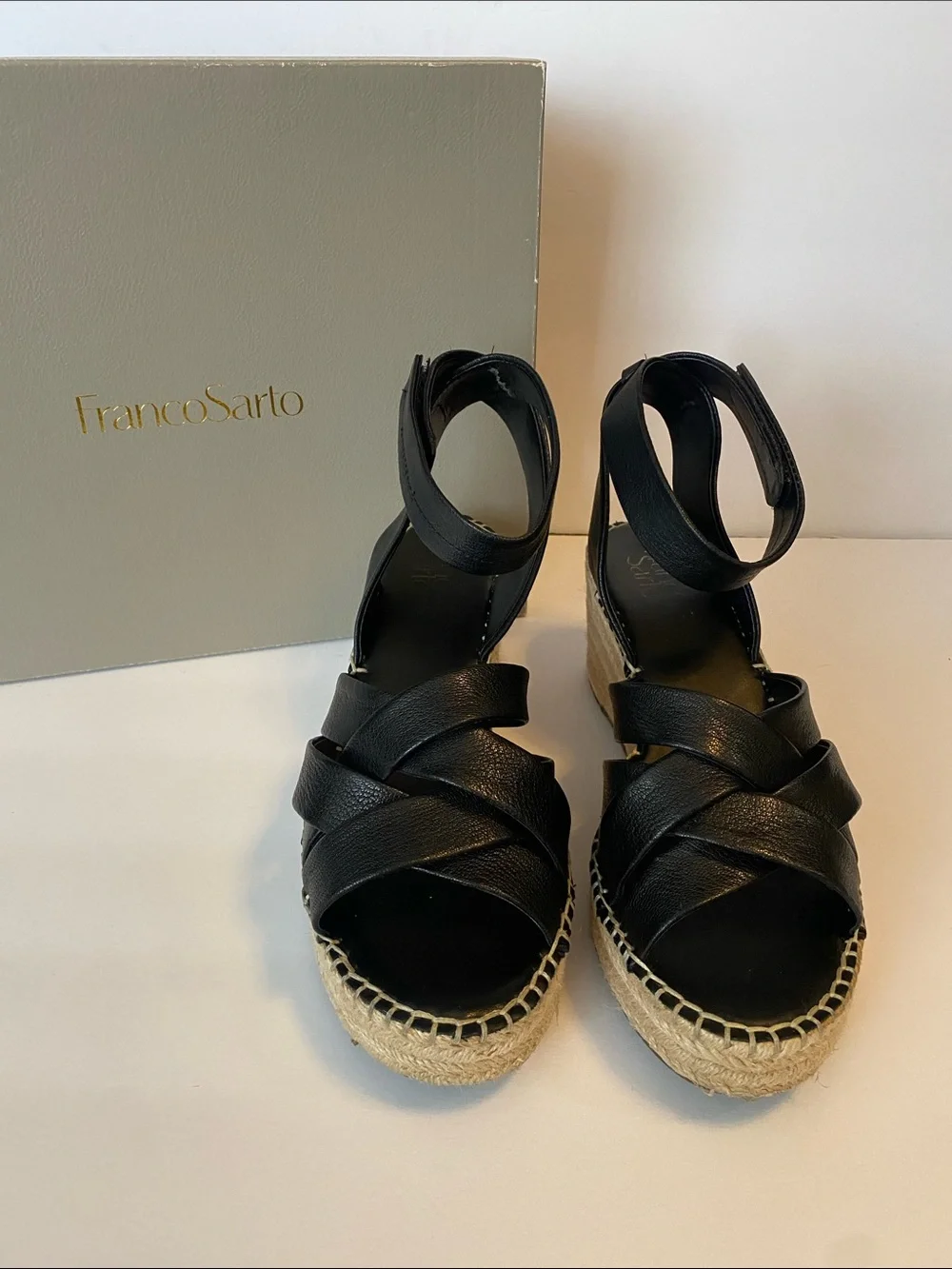 Franco Sarto Black Leather Espadrille Wedge Sandals with Ankle Strap Size 10